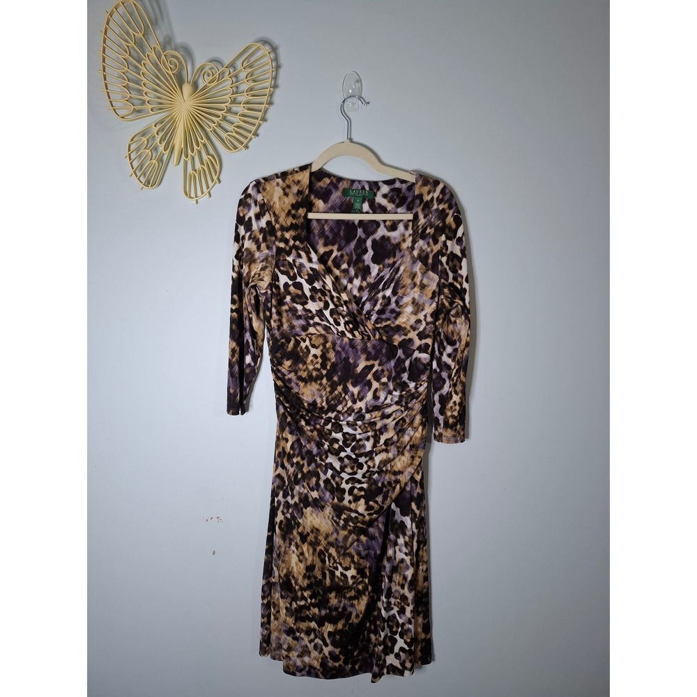 Lauren Ralph Lauren Leopard Print Faux Wrap Ruched Sheath Dress Purple Brown 10
